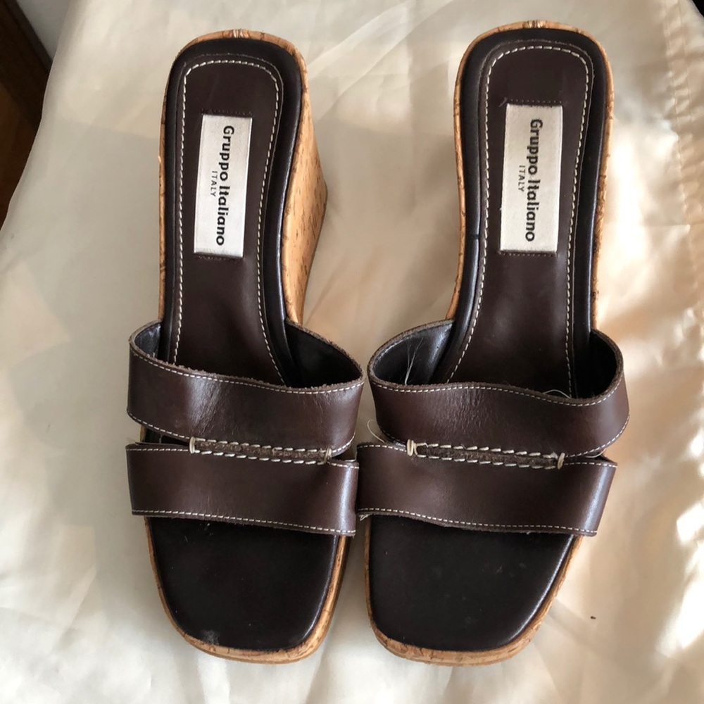 Gruppo Italiano Brown Leather Cork Wedges sz 8.5